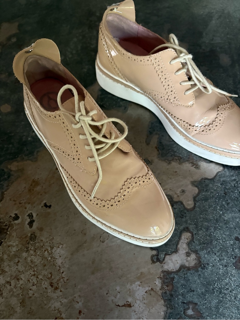 Women's Beige Patent Leather Wingtip Oxfords - Lace-Up Platform